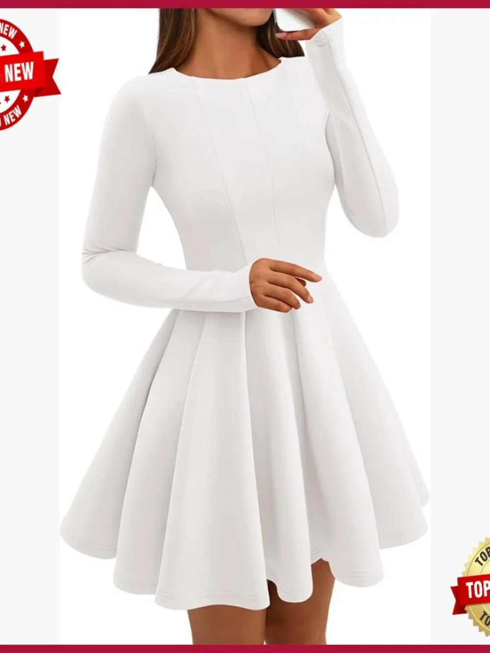 Swing Flared Pleated High Waisted A-Line Mini Dress Long Sleeve